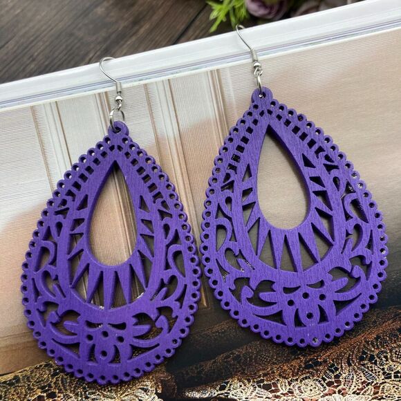Beige Casual Retro Simple Style Water Droplets Minimal Wood Drop Earrings Boho - Picture 16 of 16